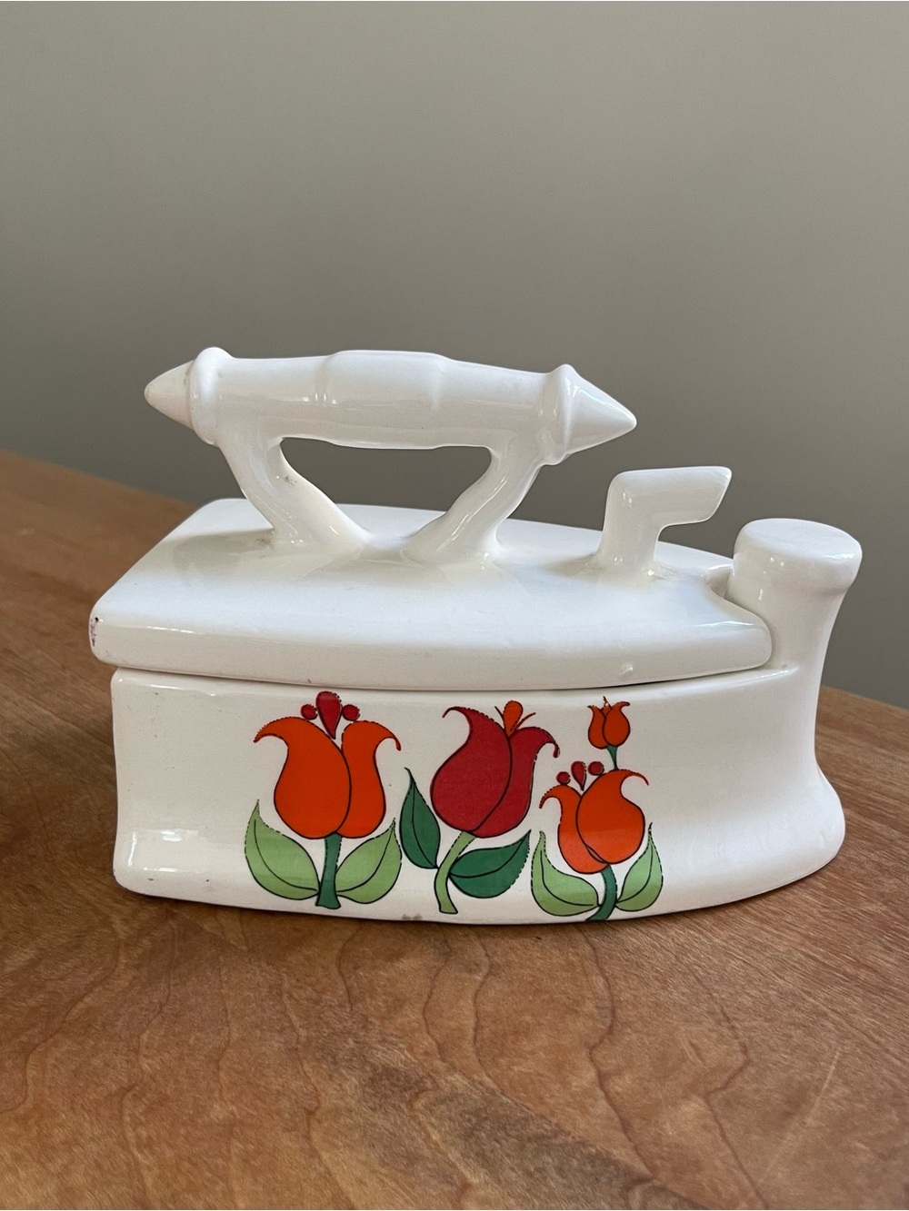 Vintage 1970s Nanco Ceramic Iron Trinket Box Floral Japan White Red Vanity Tulip